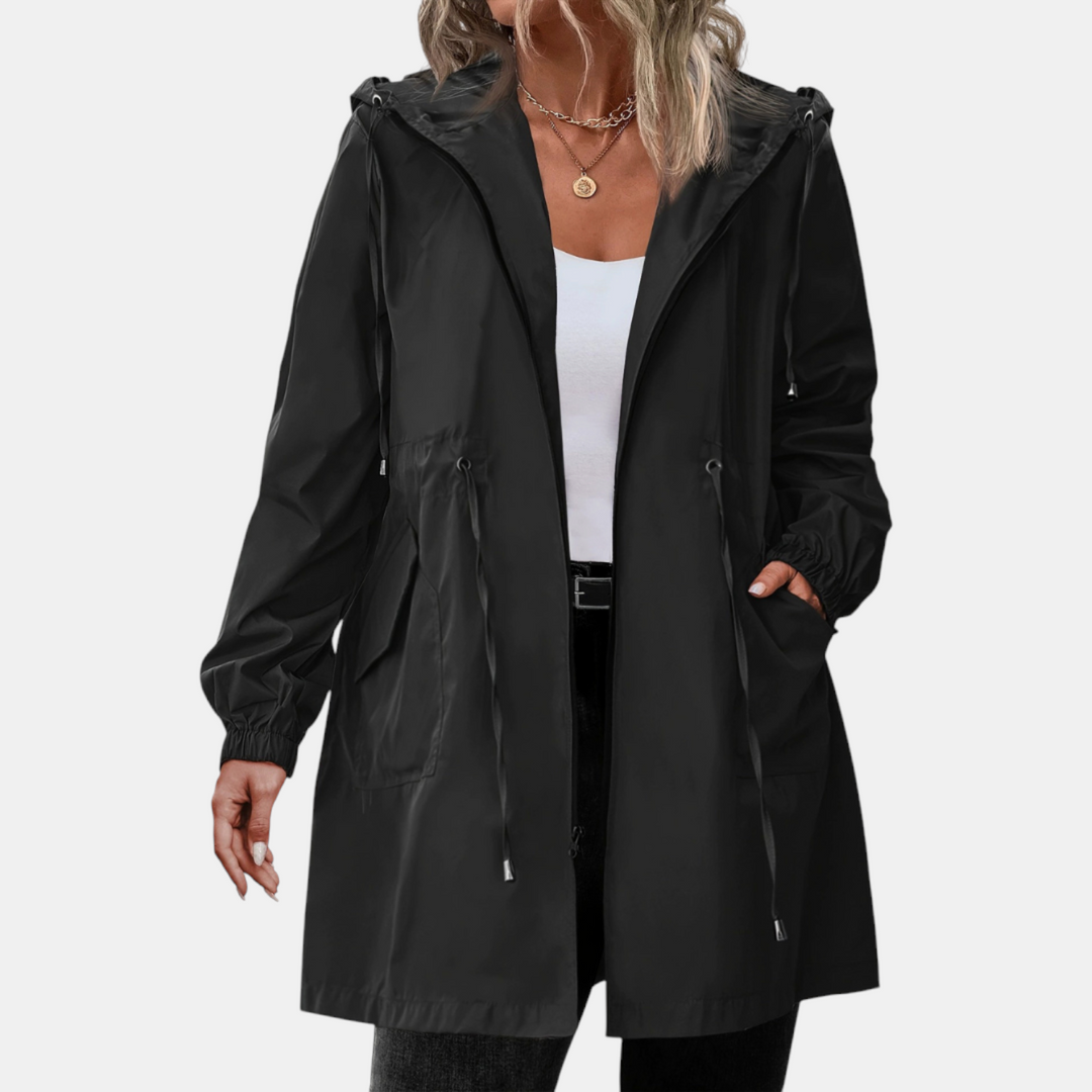 Damen Windbreaker mit Kordelzug in der Taille, Kapuze, lange Jacke
