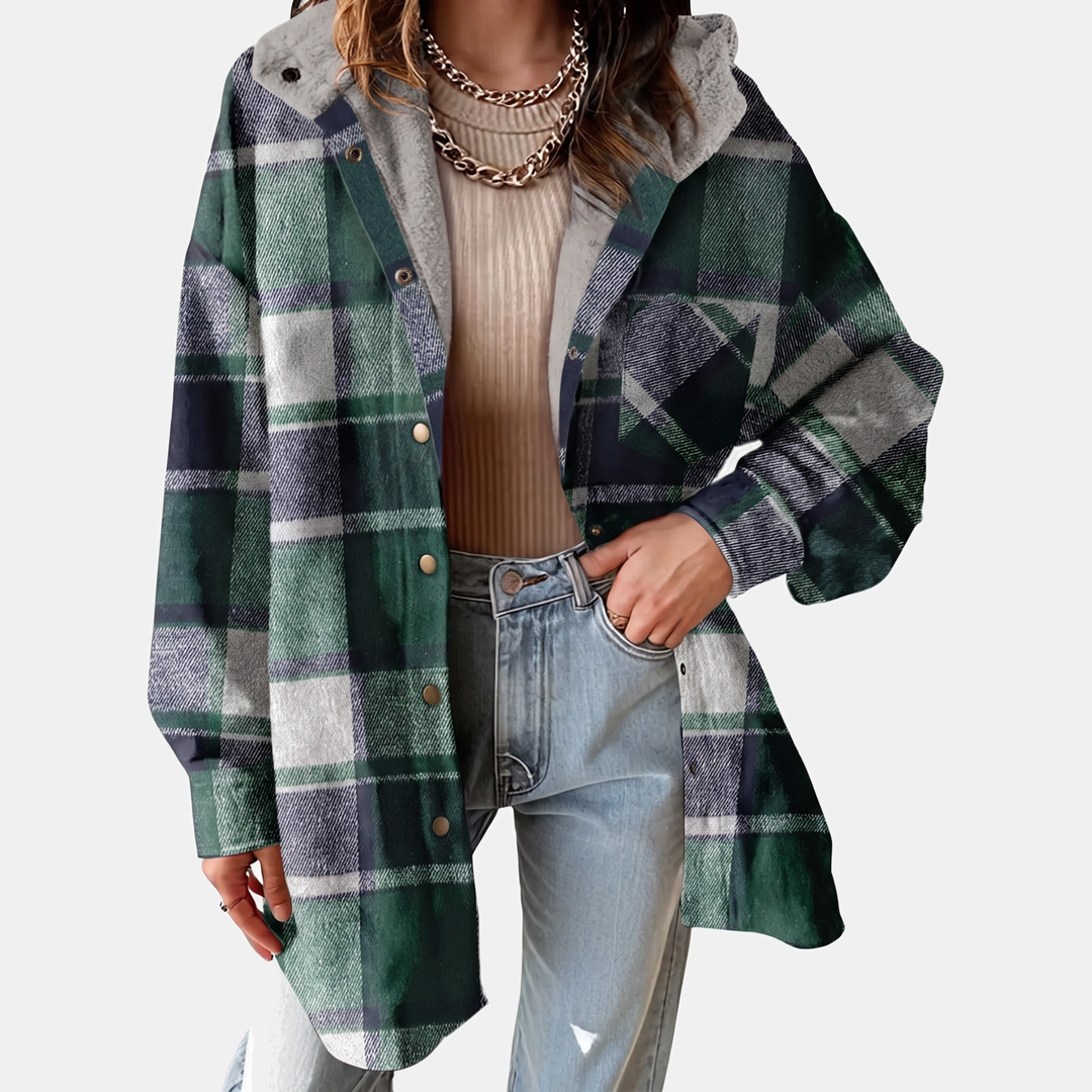 Damen Flanell Kapuzen Karo Shacket Fleece Futter Mantel