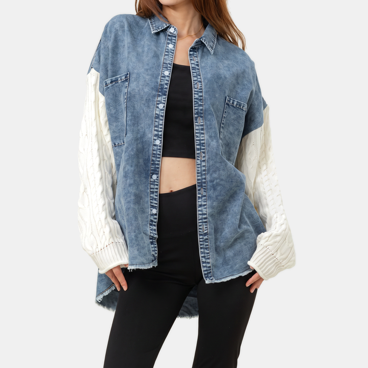 Damen Denim-Jacke mit Kabelstrick-Einsatz und Knopfleiste, rohem Saum