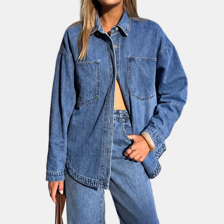 Damen Oversized Button-Down Gewaschene Denimjacke mit langen Ärmeln