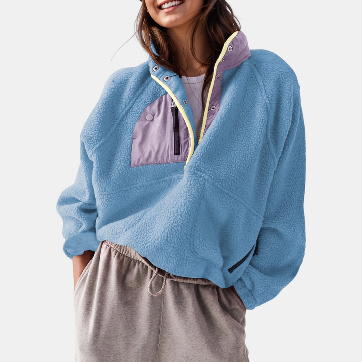 Damen Colorblock Fleece Halbsnap Pulloverjacke