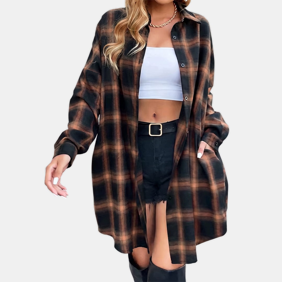 Damen Flanell Karo Button-Front Übergroßes Midi-Hemd