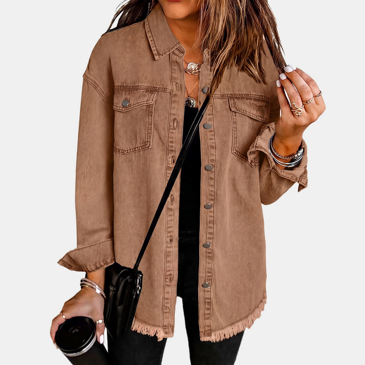 Damen Jeansjacke mit rohem Saum und Druckknöpfen
