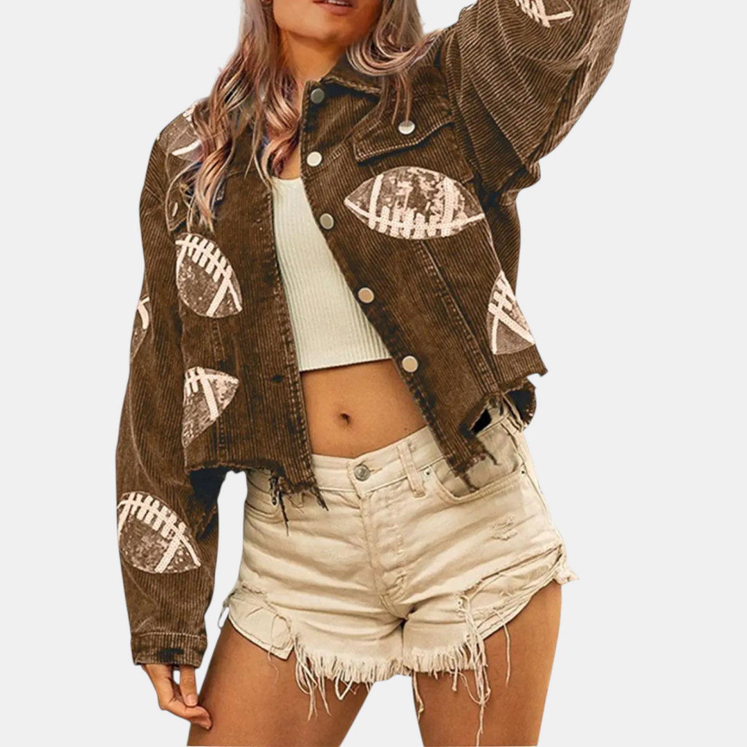 Damen Pailletten bestickte cropped Cord-Jacke