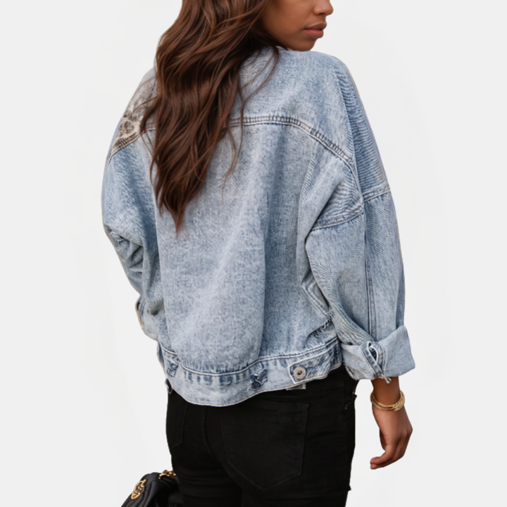 Damen Patchwork Denim Jacke mit rohem Saumdetail