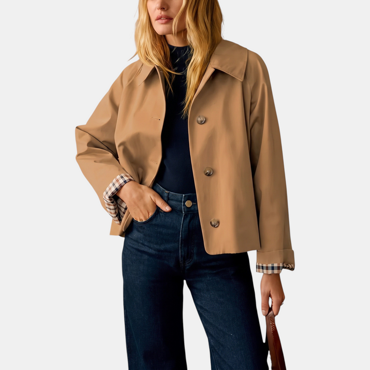 Damen Kurz-Trenchcoat mit kariertem Futter und goldenen Knöpfen