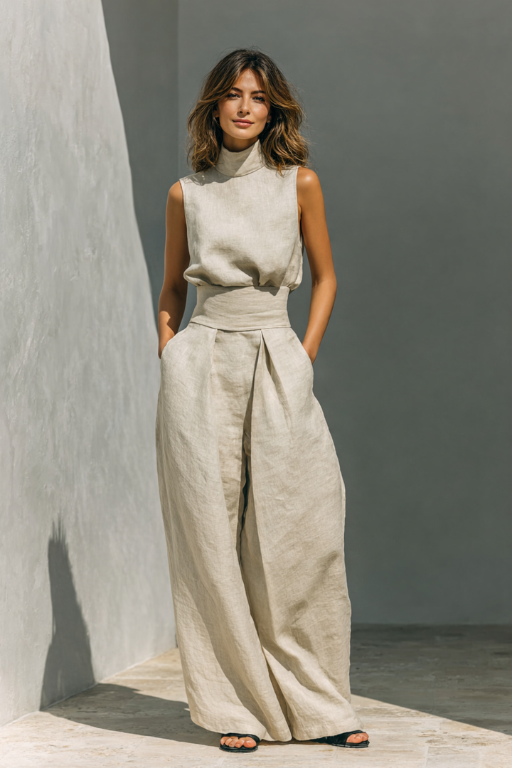 Maria - Komplettset mit Tanktop und weiten Baumwoll- und Leinenhosen im minimalistischen Stil für Damen