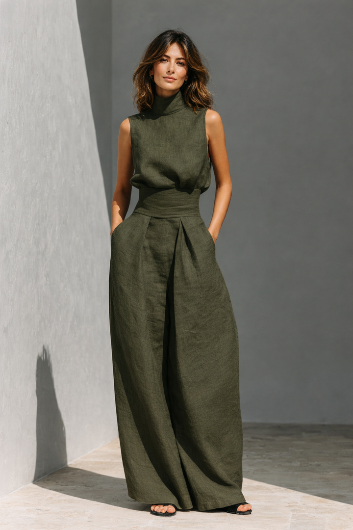 Maria - Komplettset mit Tanktop und weiten Baumwoll- und Leinenhosen im minimalistischen Stil für Damen
