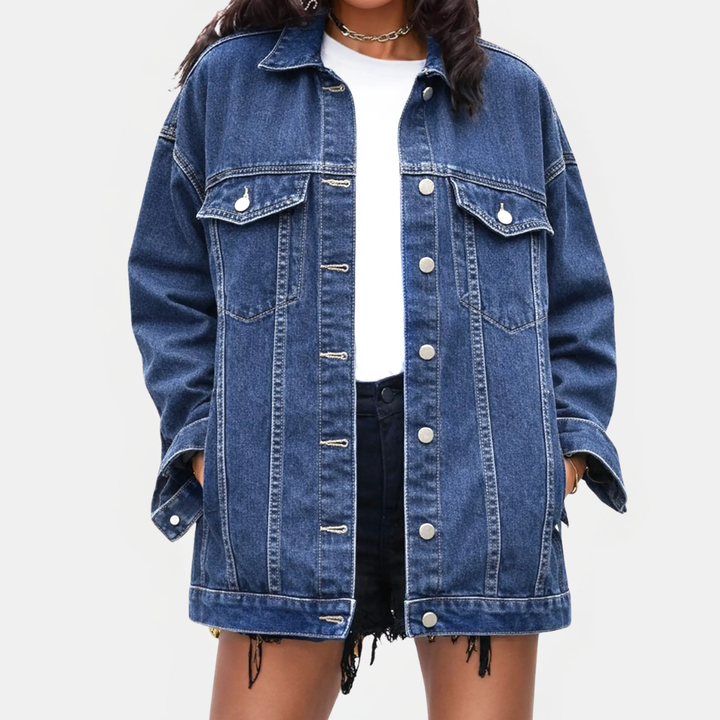 Damen Oversized Denimjacke mit Druckknöpfen im Boyfriend-Stil