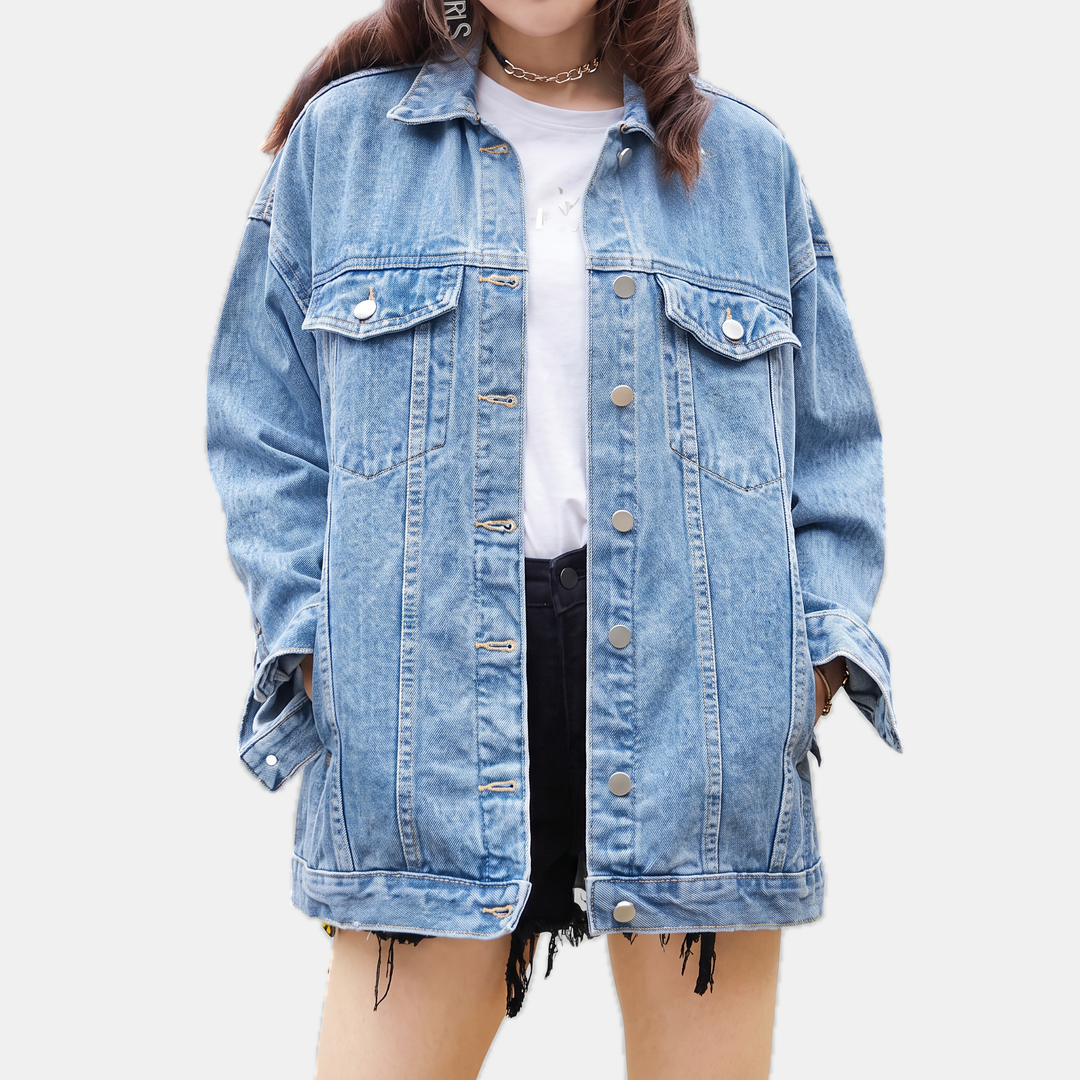 Damen Oversized Denimjacke mit Druckknöpfen im Boyfriend-Stil