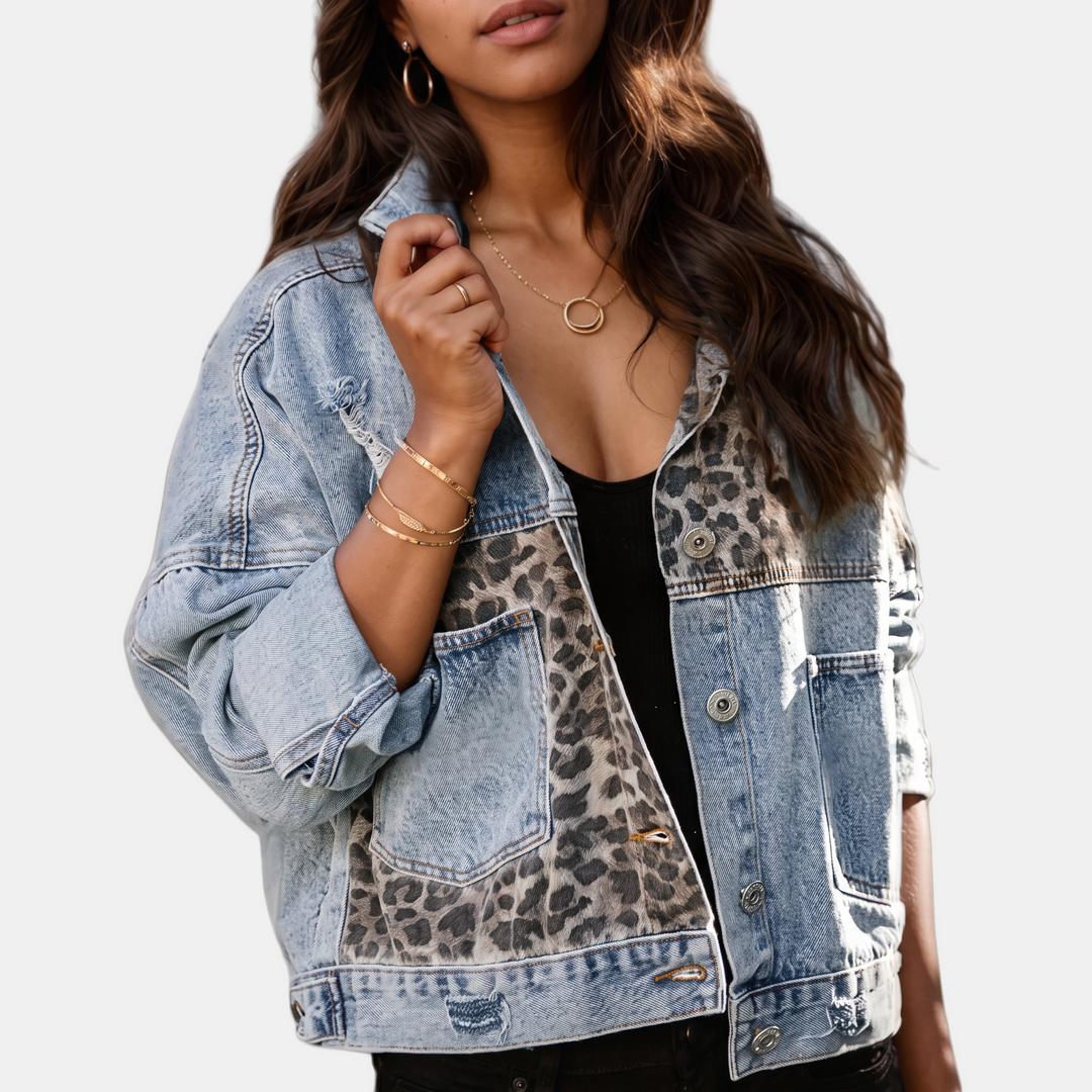 Damen Patchwork Denim Jacke mit rohem Saumdetail