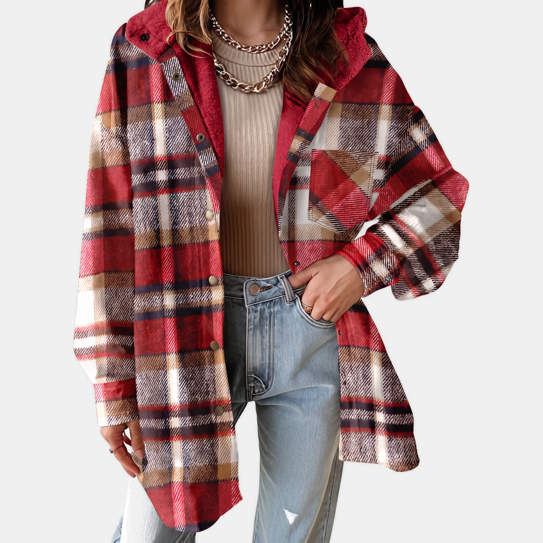 Damen Flanell Kapuzen Karo Shacket Fleece Futter Mantel