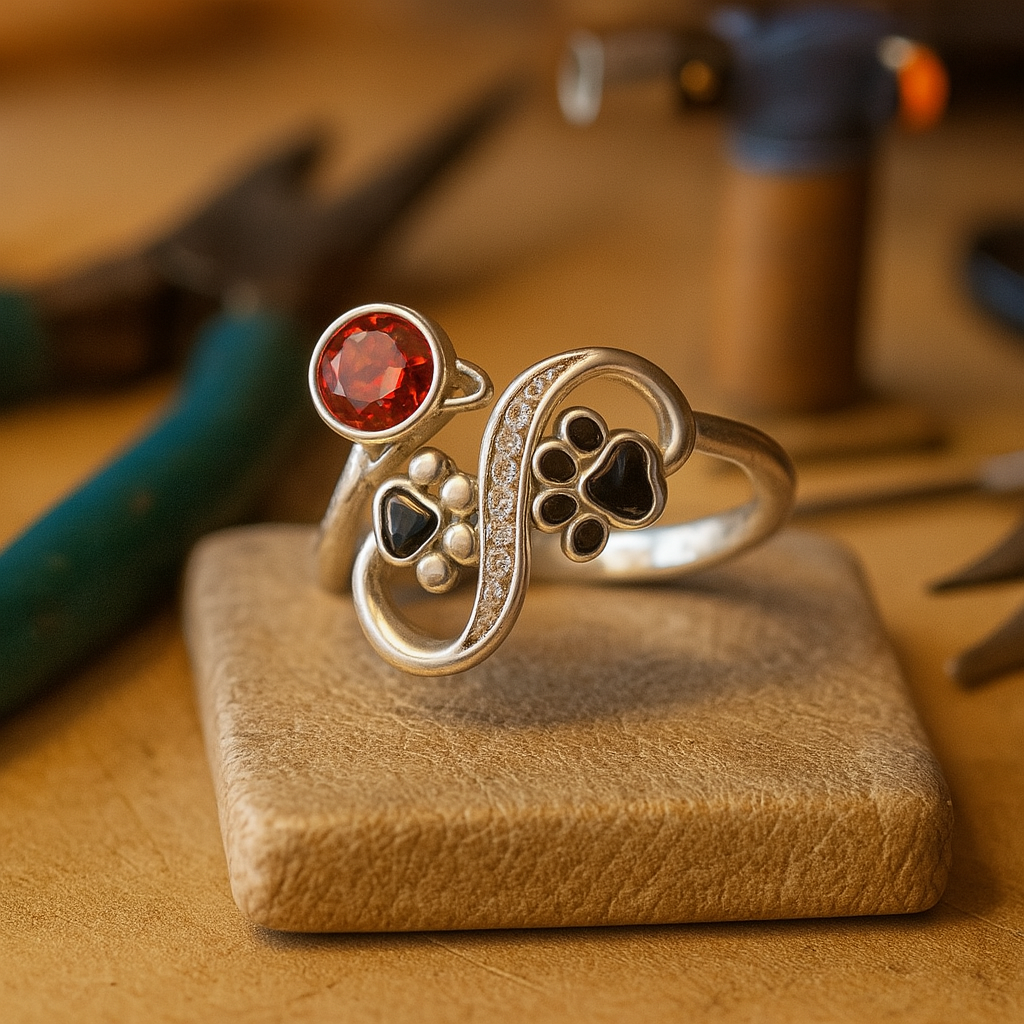 Verstellbarer Ring mit schwarzen Pfotenabdrücken und rotem Edelstein