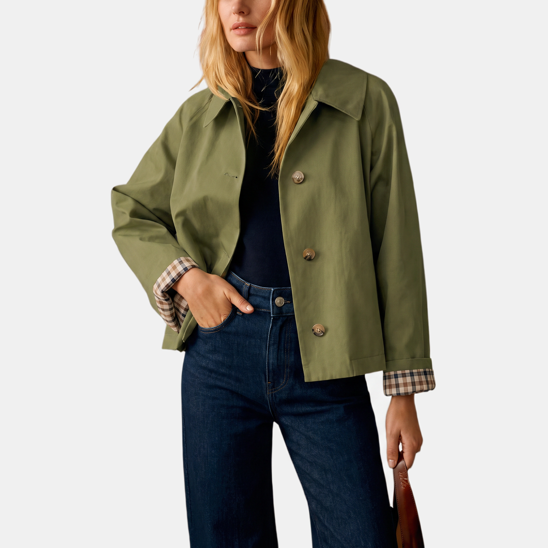 Damen Kurz-Trenchcoat mit kariertem Futter und goldenen Knöpfen