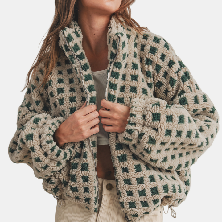 Damen Oversized Sherpa Fleece Zip-Up Jacke