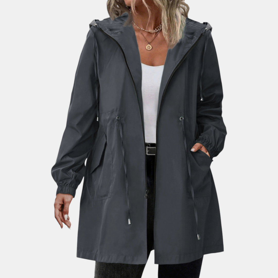 Damen Windbreaker mit Kordelzug in der Taille, Kapuze, lange Jacke