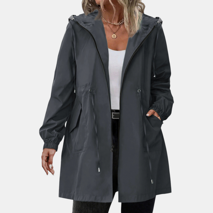 Damen Windbreaker mit Kordelzug in der Taille, Kapuze, lange Jacke