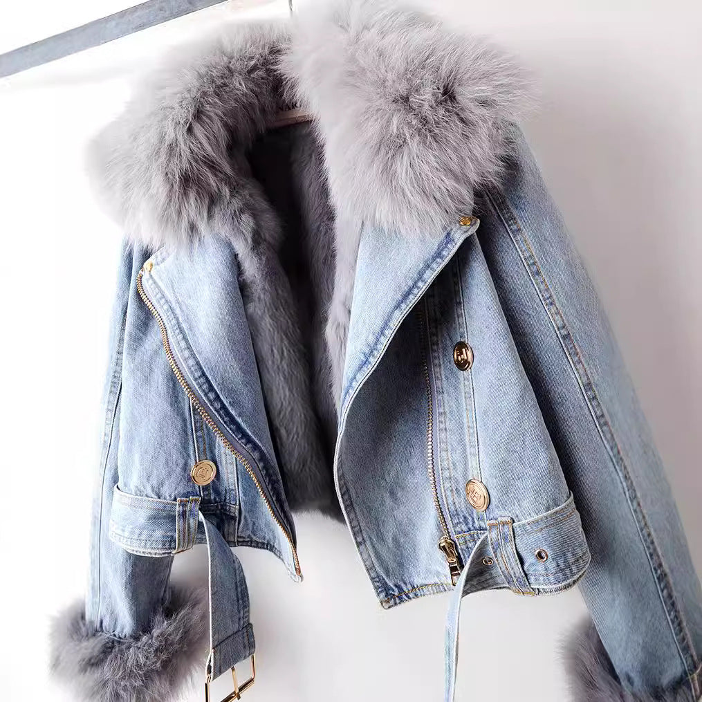 Denim-Mantel mit Fuchspelzfutter