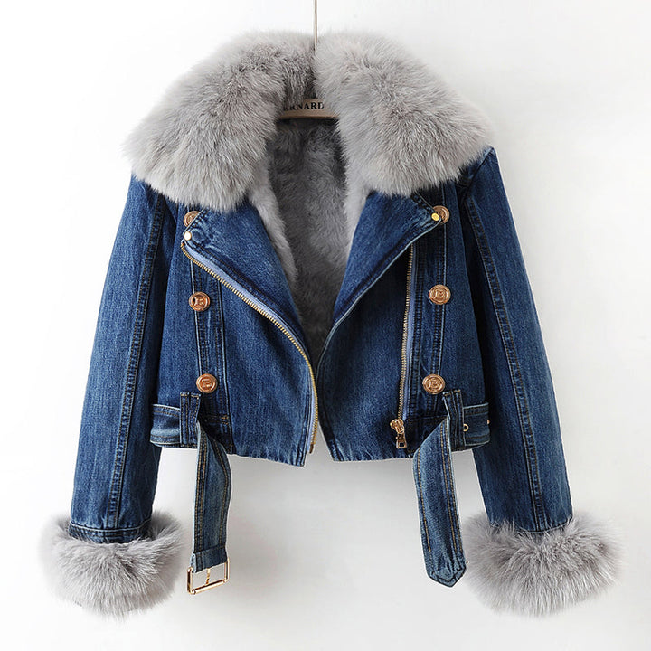 Denim-Mantel mit Fuchspelzfutter