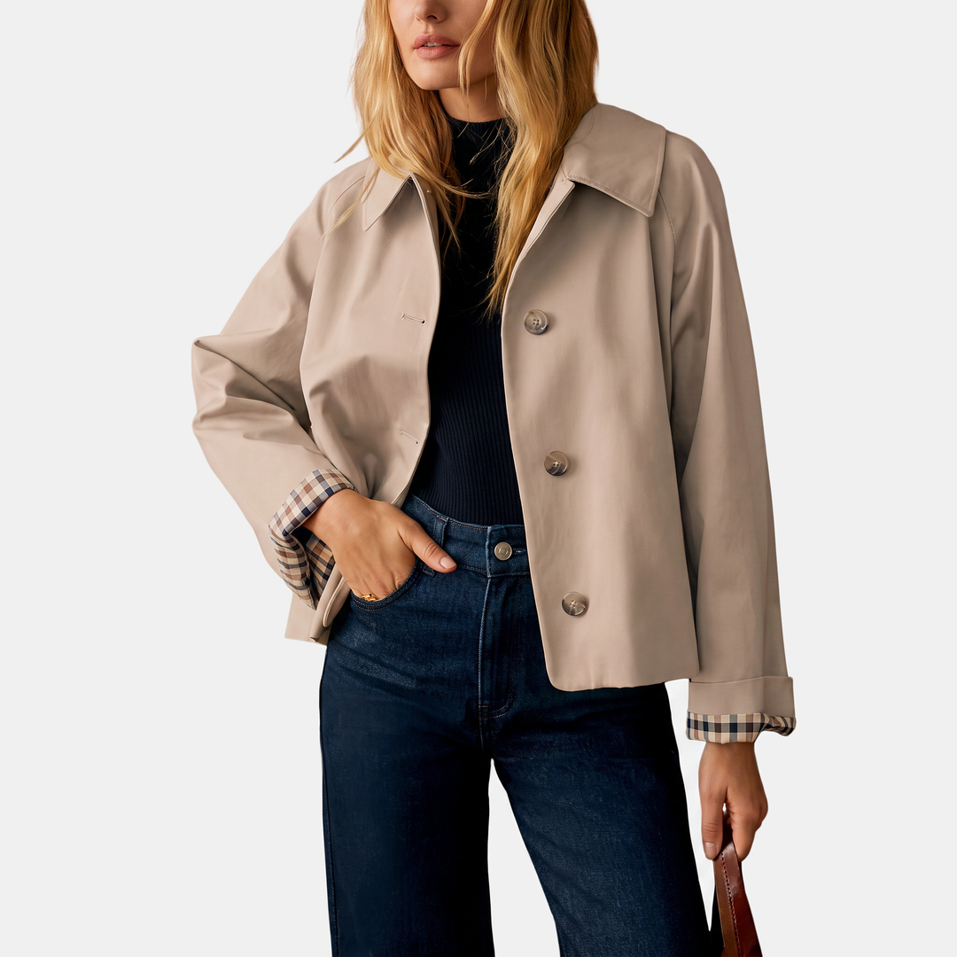 Damen Kurz-Trenchcoat mit kariertem Futter und goldenen Knöpfen