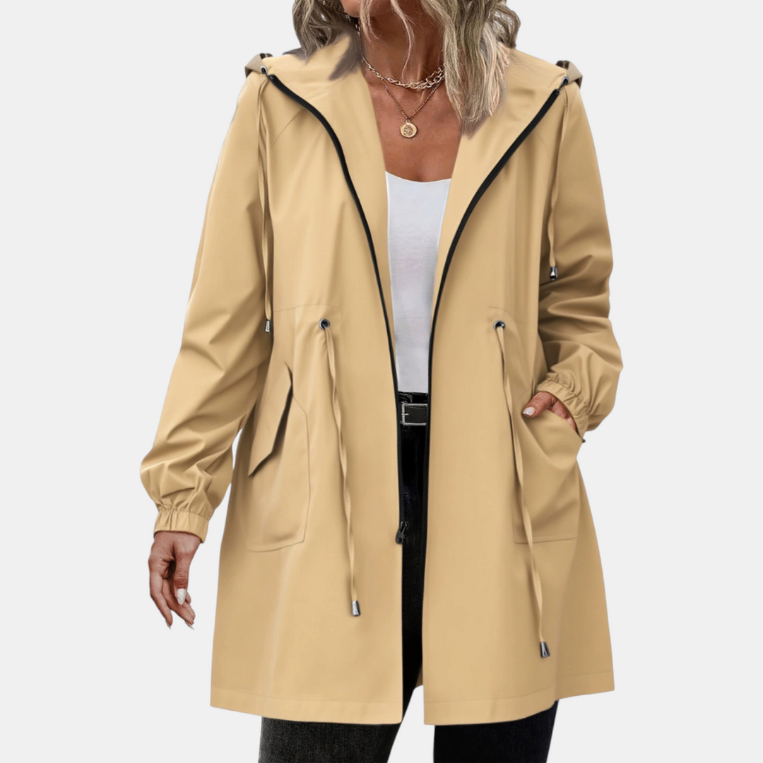 Damen Windbreaker mit Kordelzug in der Taille, Kapuze, lange Jacke