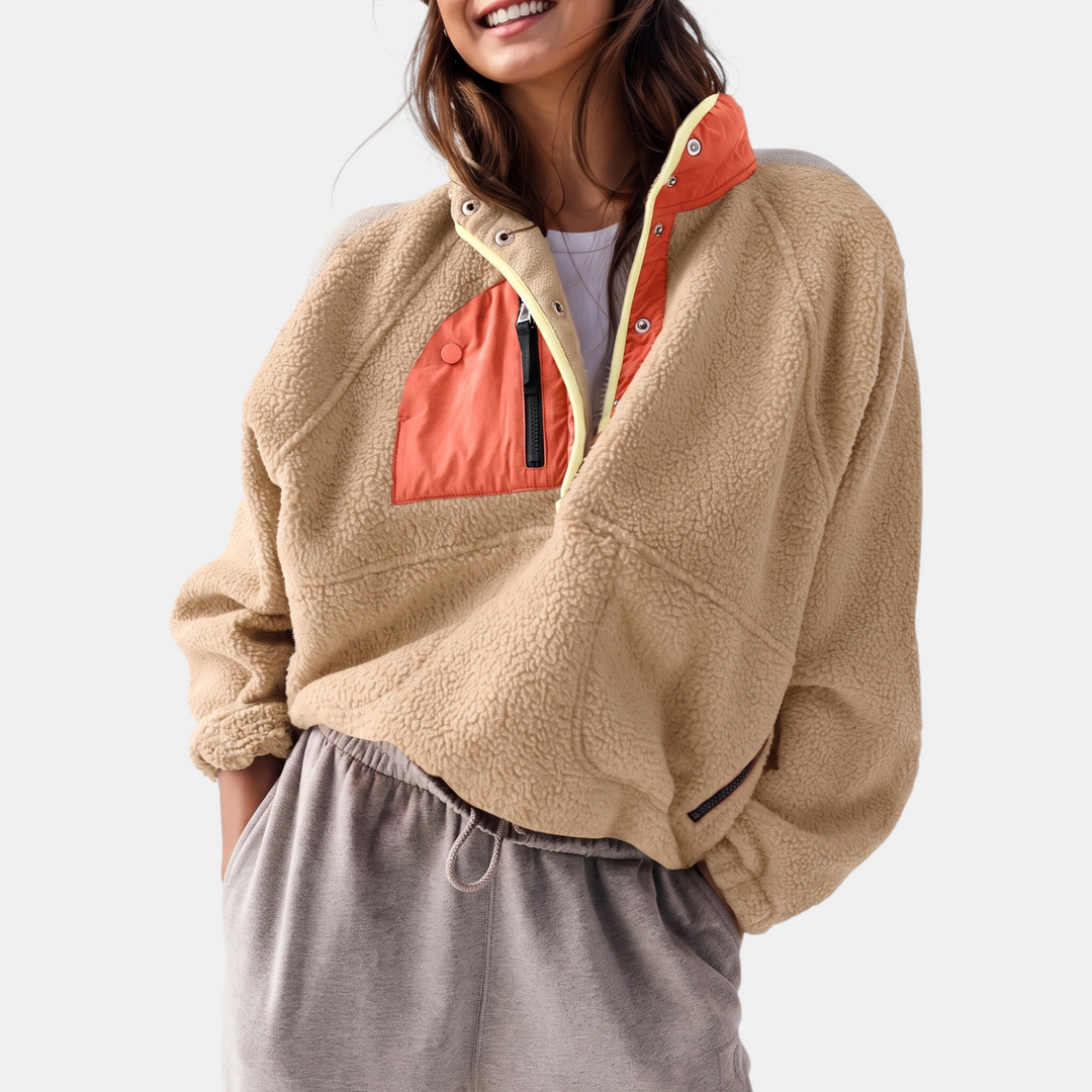 Damen Colorblock Fleece Halbsnap Pulloverjacke