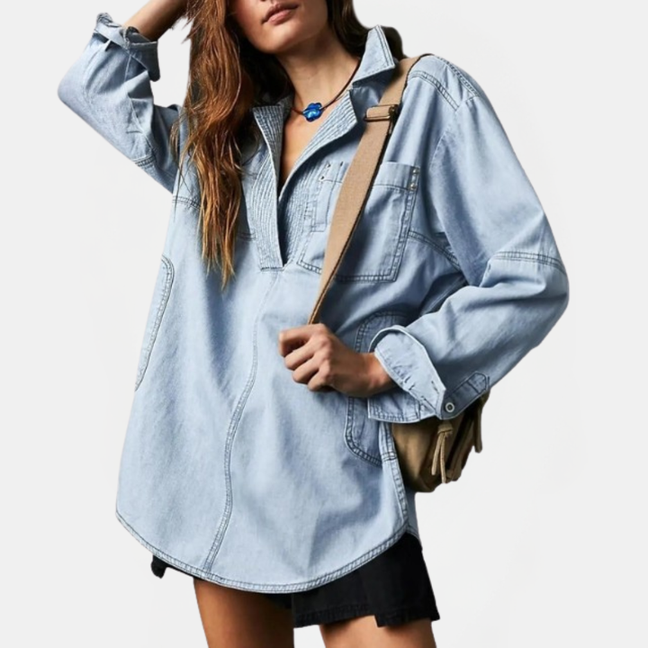Damen Oversized V-Ausschnitt Langarm Denim Pullover Shirt