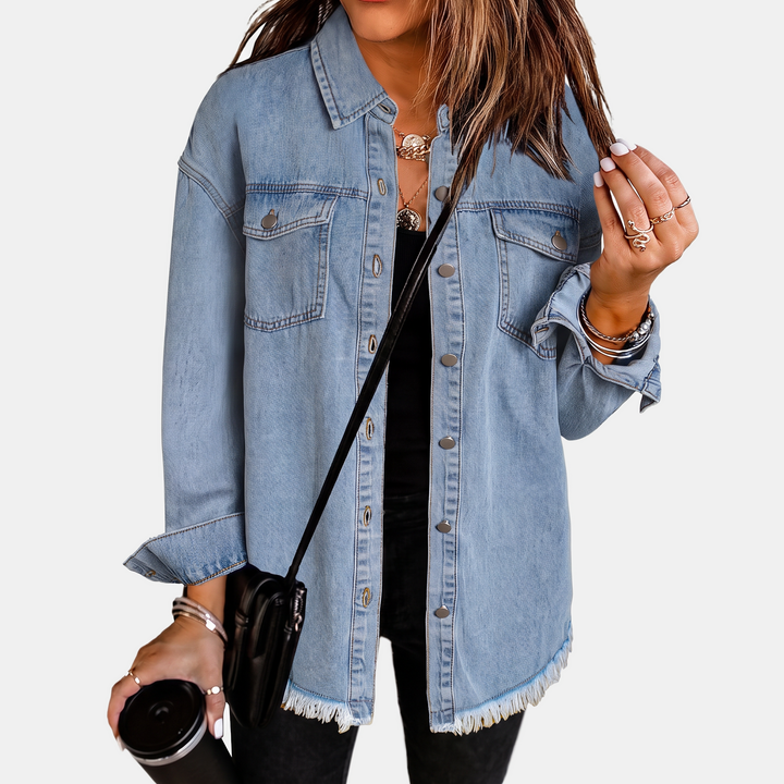 Damen Jeansjacke mit rohem Saum und Druckknöpfen