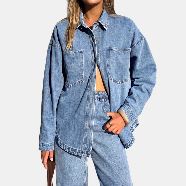 Damen Oversized Button-Down Gewaschene Denimjacke mit langen Ärmeln