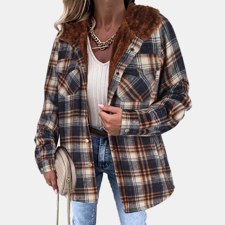 Damen Plüsch Kapuzen Karo Flanell Snap Button Shacket