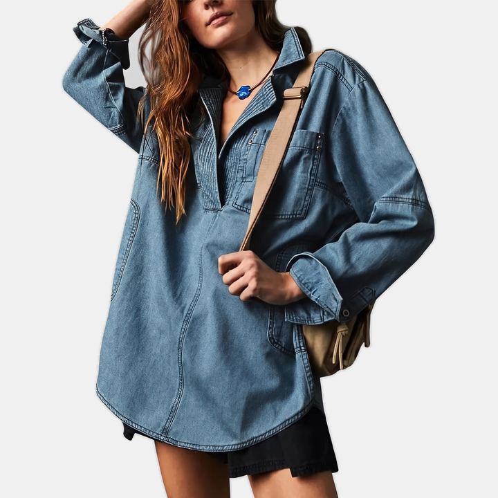 Damen Oversized V-Ausschnitt Langarm Denim Pullover Shirt