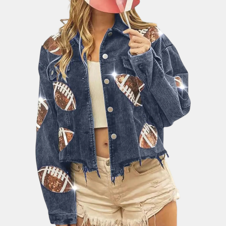 Damen Pailletten bestickte cropped Cord-Jacke