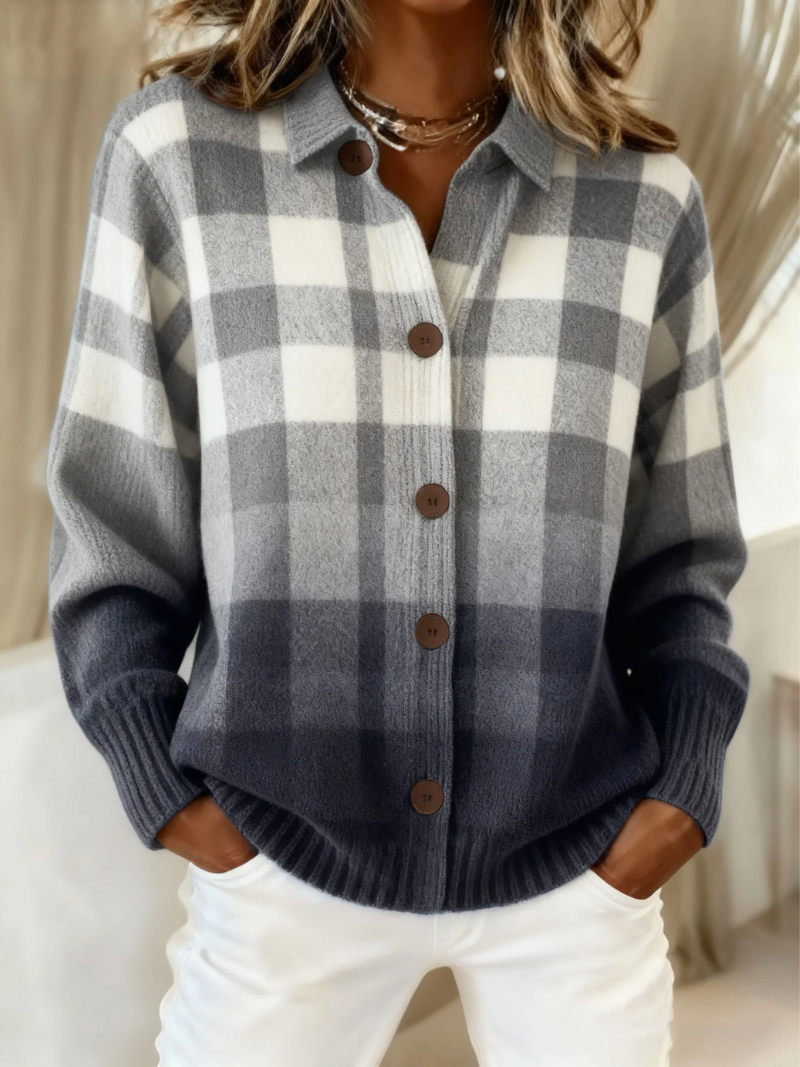 Agnes | Grauer Ombre-Karierte Knopf-Cardigan