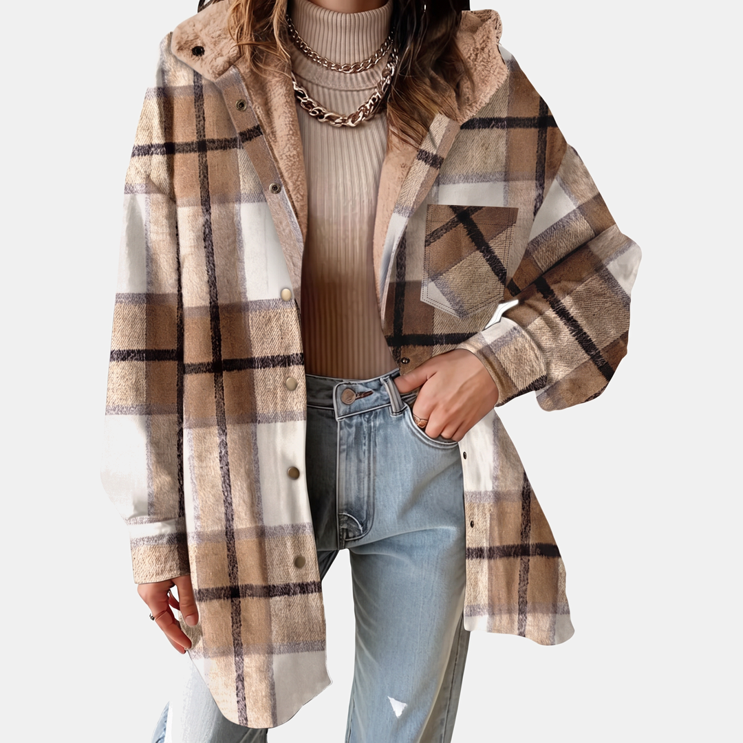 Damen Flanell Kapuzen Karo Shacket Fleece Futter Mantel
