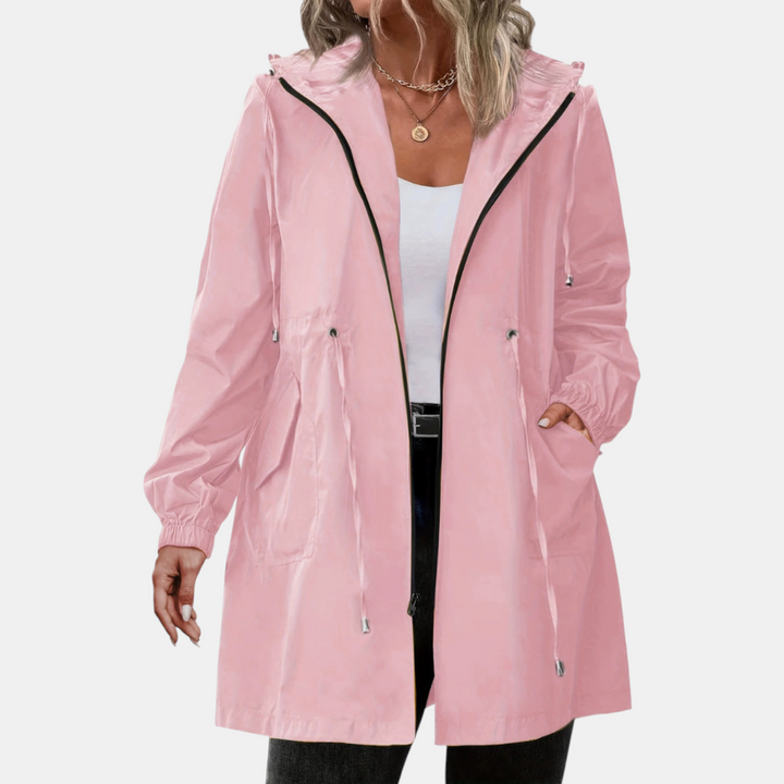 Damen Windbreaker mit Kordelzug in der Taille, Kapuze, lange Jacke