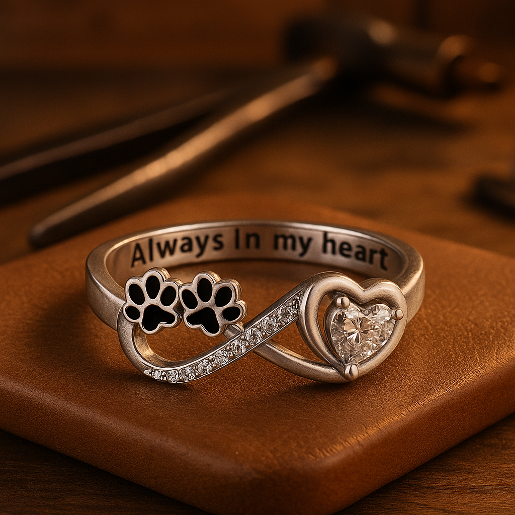 Ring mit Zirkonia in Form einer Pfote mit Herz- und Unendlichkeitssymbol-Design