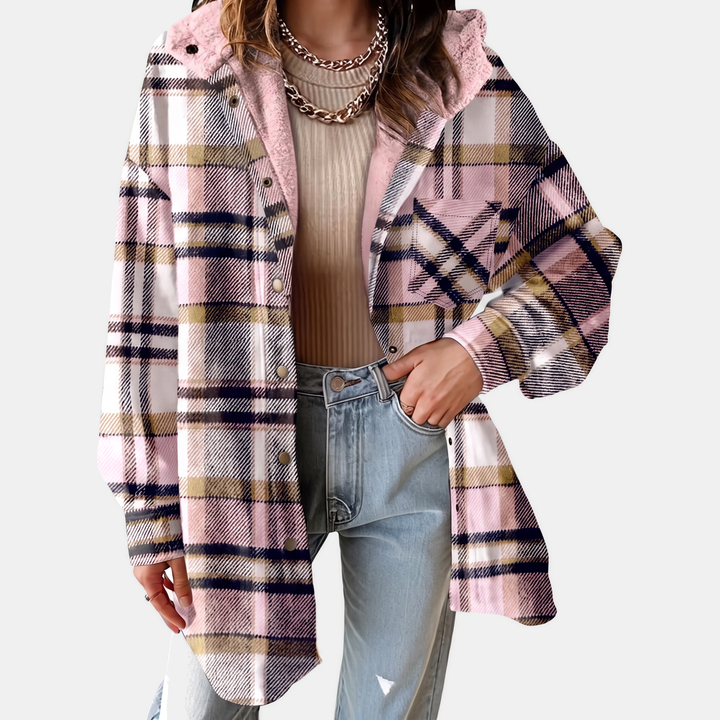 Damen Flanell Kapuzen Karo Shacket Fleece Futter Mantel