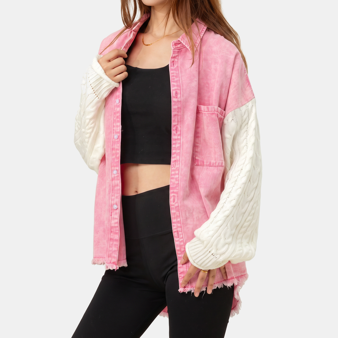 Damen Denim-Jacke mit Kabelstrick-Einsatz und Knopfleiste, rohem Saum