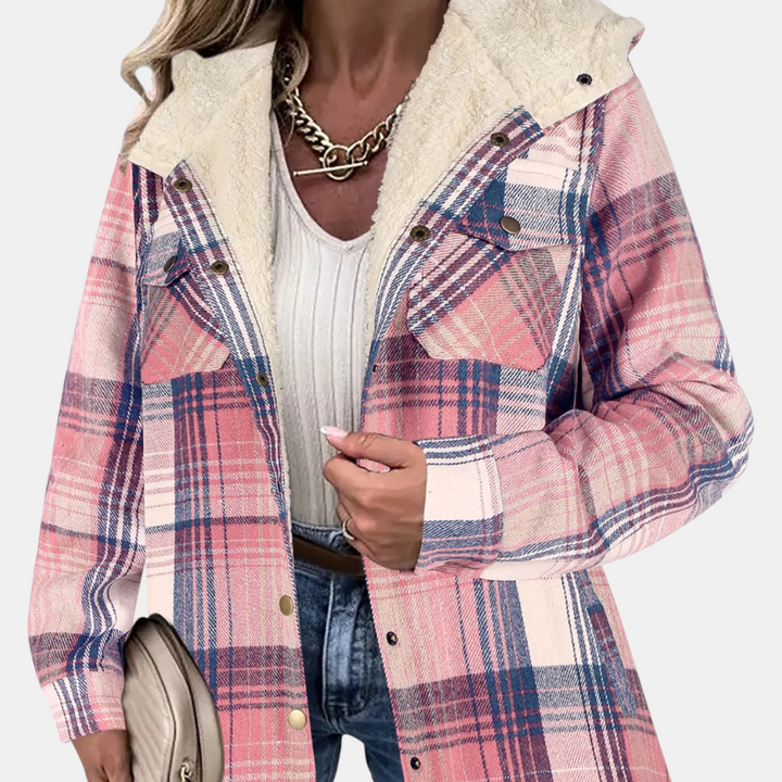 Damen Plüsch Kapuzen Karo Flanell Snap Button Shacket