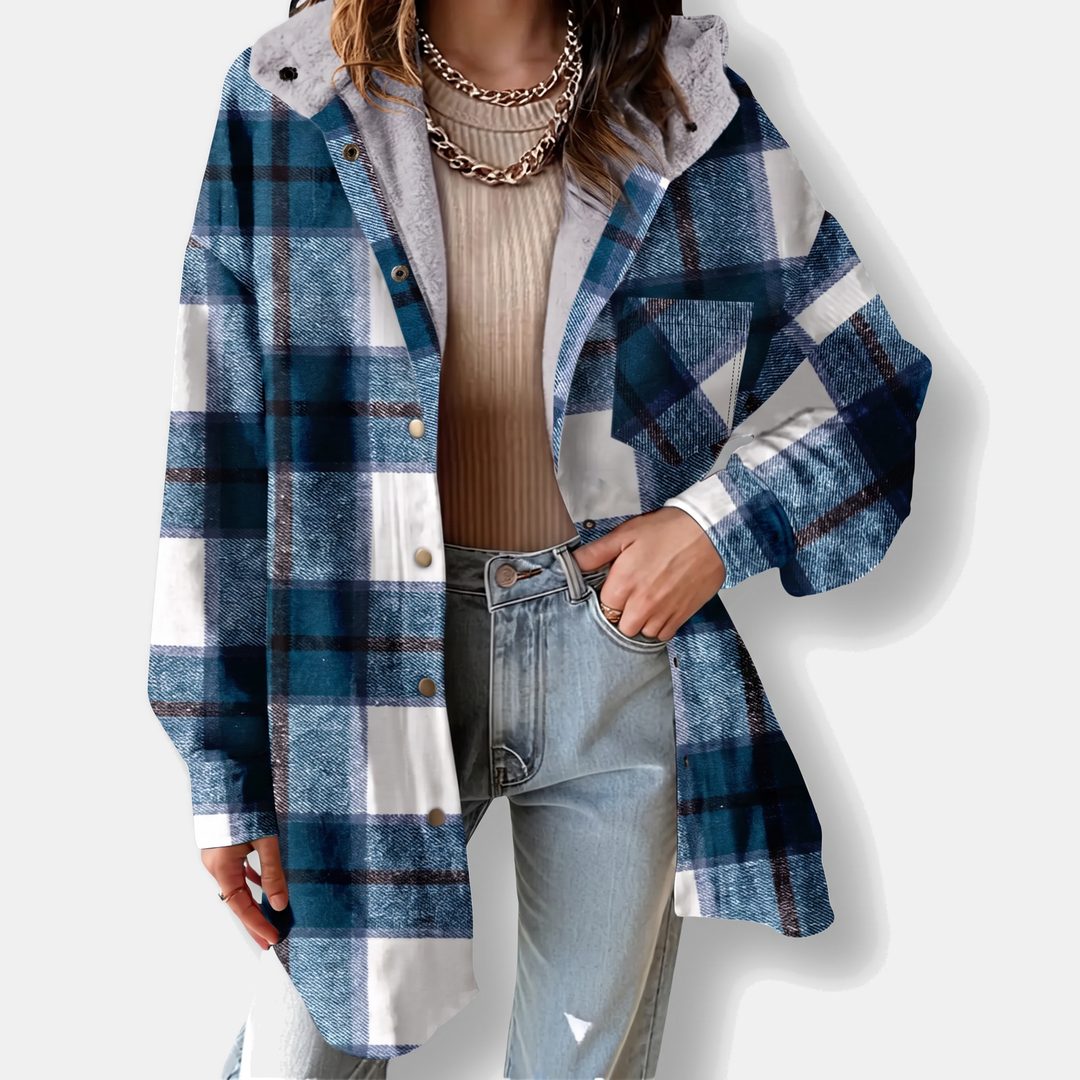 Damen Flanell Kapuzen Karo Shacket Fleece Futter Mantel