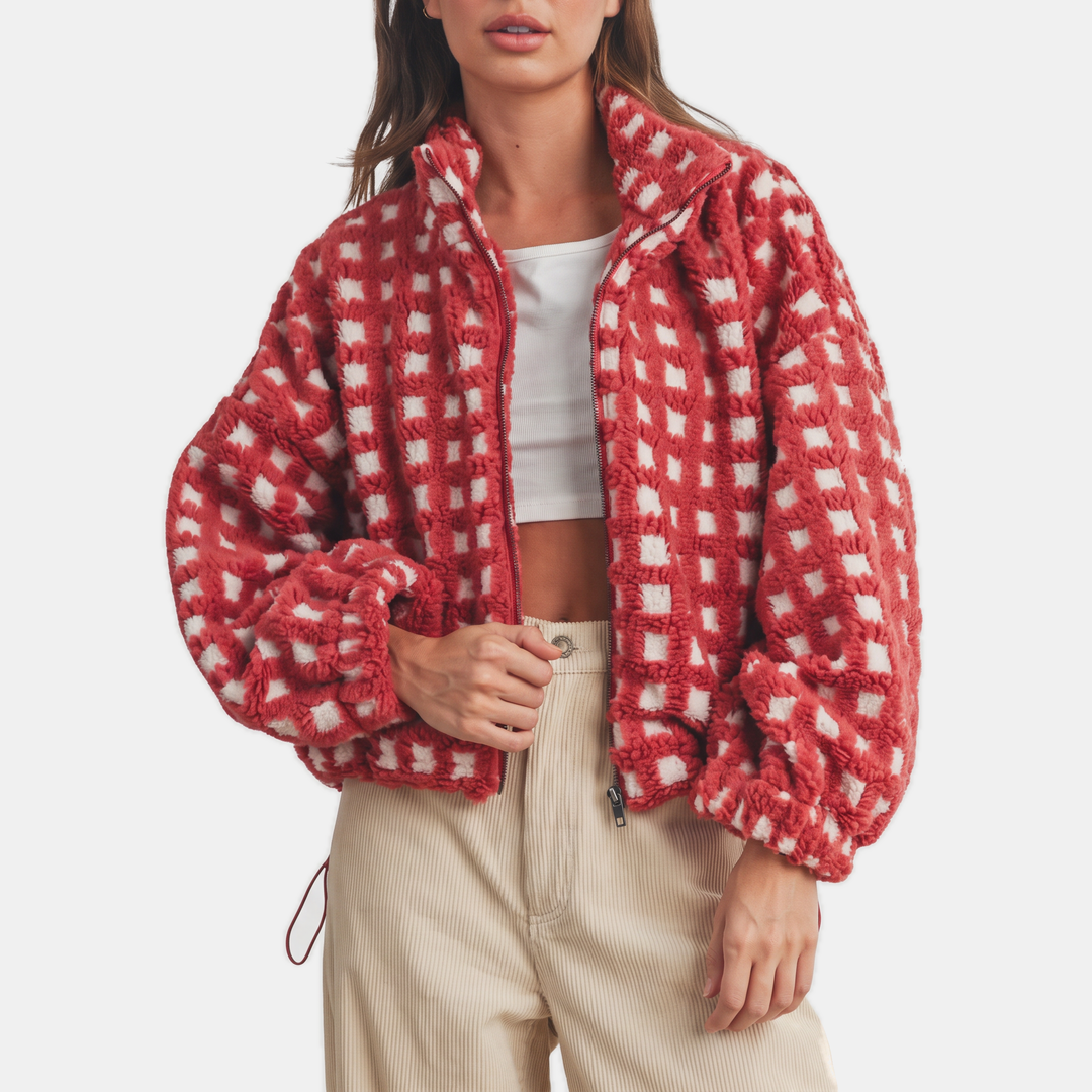 Damen Oversized Sherpa Fleece Zip-Up Jacke