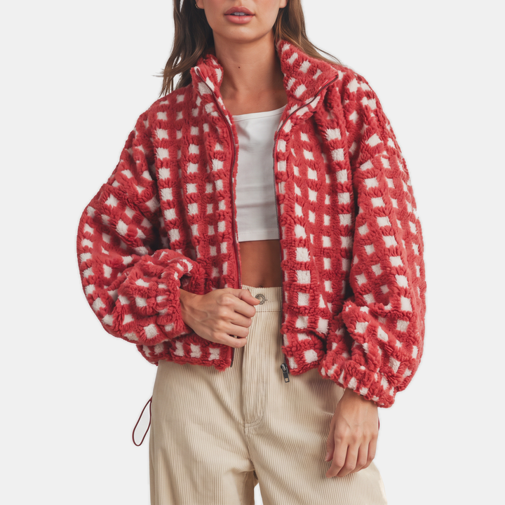 Damen Oversized Sherpa Fleece Zip-Up Jacke