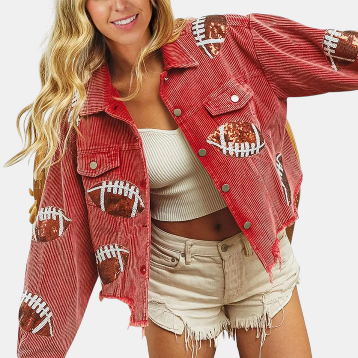Damen Pailletten bestickte cropped Cord-Jacke