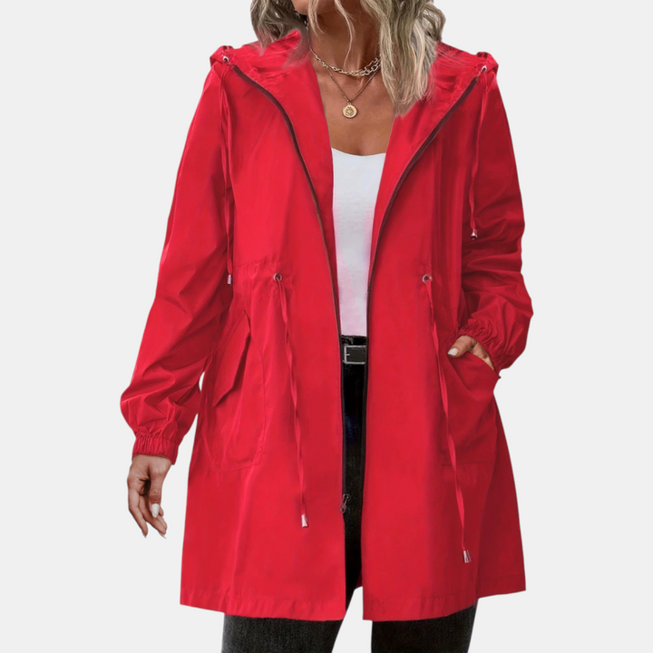 Damen Windbreaker mit Kordelzug in der Taille, Kapuze, lange Jacke