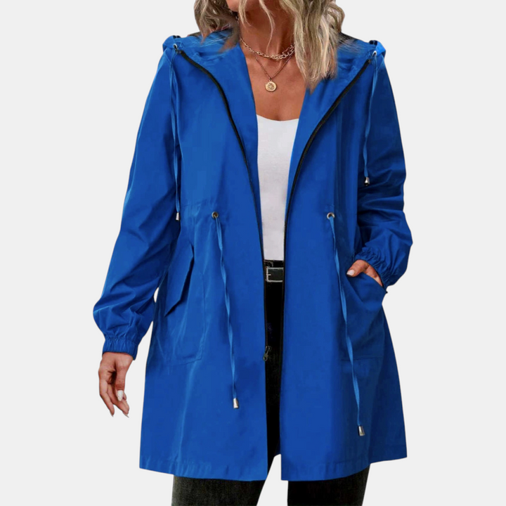 Damen Windbreaker mit Kordelzug in der Taille, Kapuze, lange Jacke