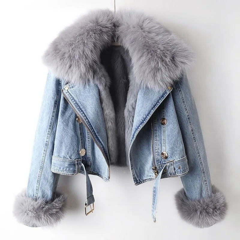 Denim-Mantel mit Fuchspelzfutter