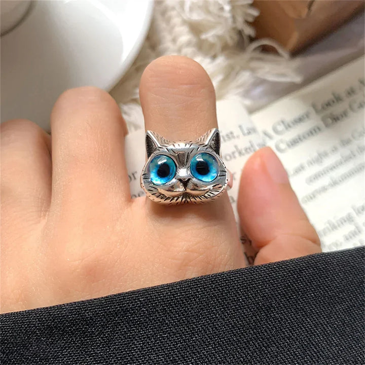 Ring mit Katze und blauen Augen – Verspielt vintage Silberring mit Tier für Katzenliebhaber