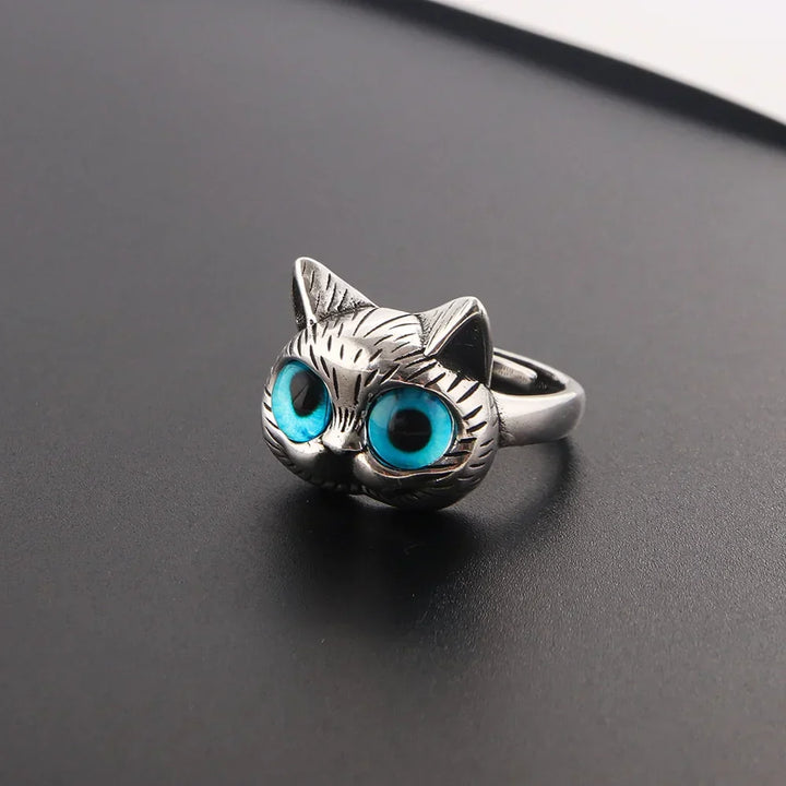 Ring mit Katze und blauen Augen – Verspielt vintage Silberring mit Tier für Katzenliebhaber