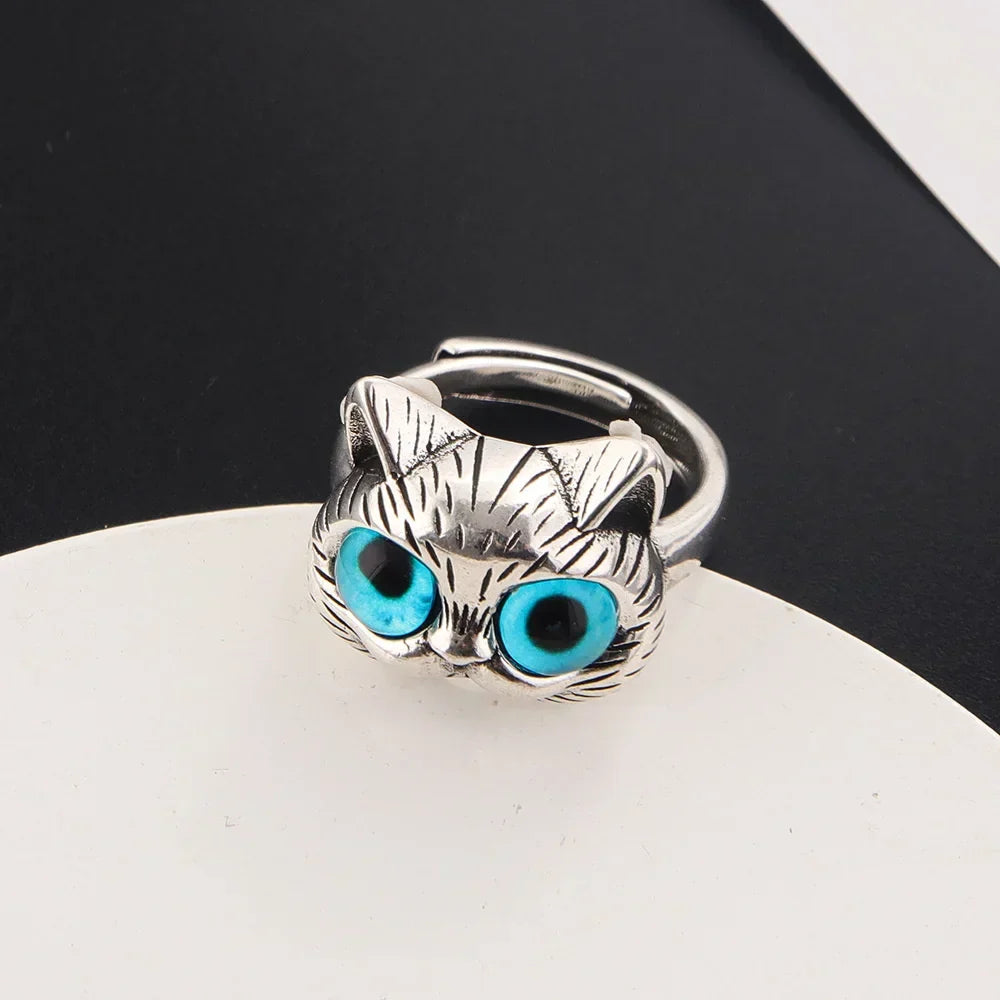 Ring mit Katze und blauen Augen – Verspielt vintage Silberring mit Tier für Katzenliebhaber
