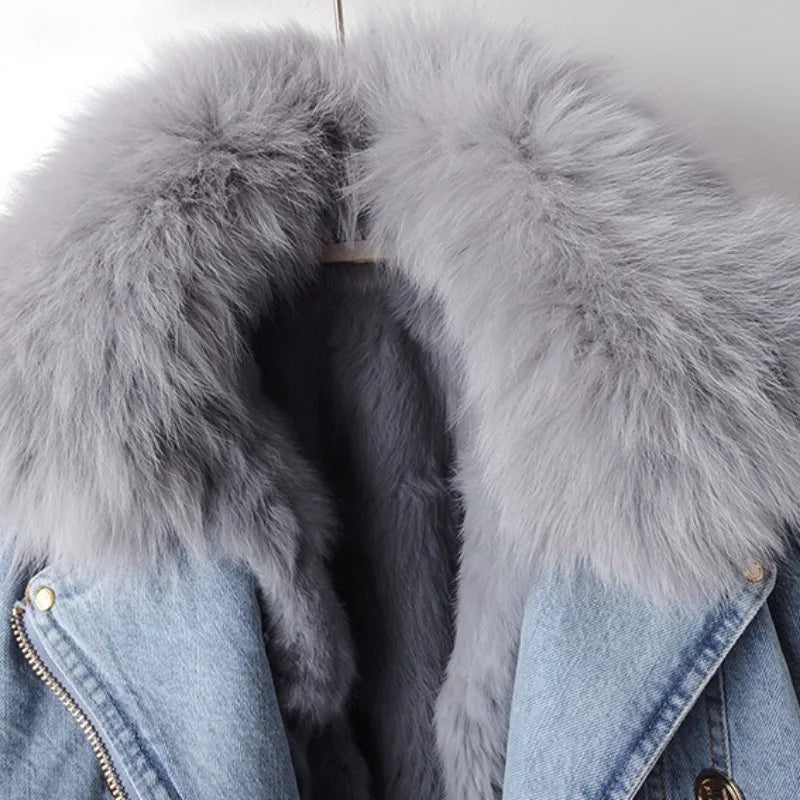Denim-Mantel mit Fuchspelzfutter